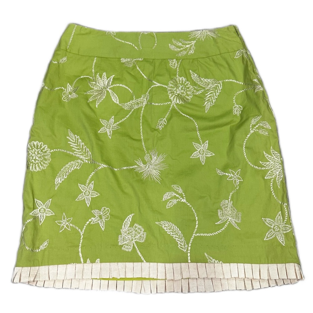 Vintage Y2K Lime Green Floral Embroidered Midi Skirt with Light Pink Trim